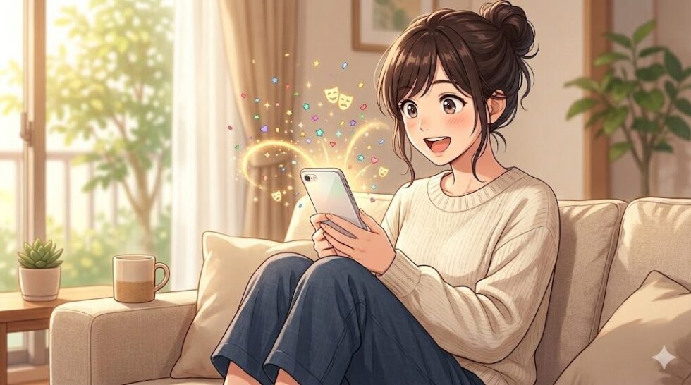 自宅のソファからスマートフォンでクレジットカード枠の公演に申し込み、チケットが当選して目を輝かせて喜ぶ女性のイラスト