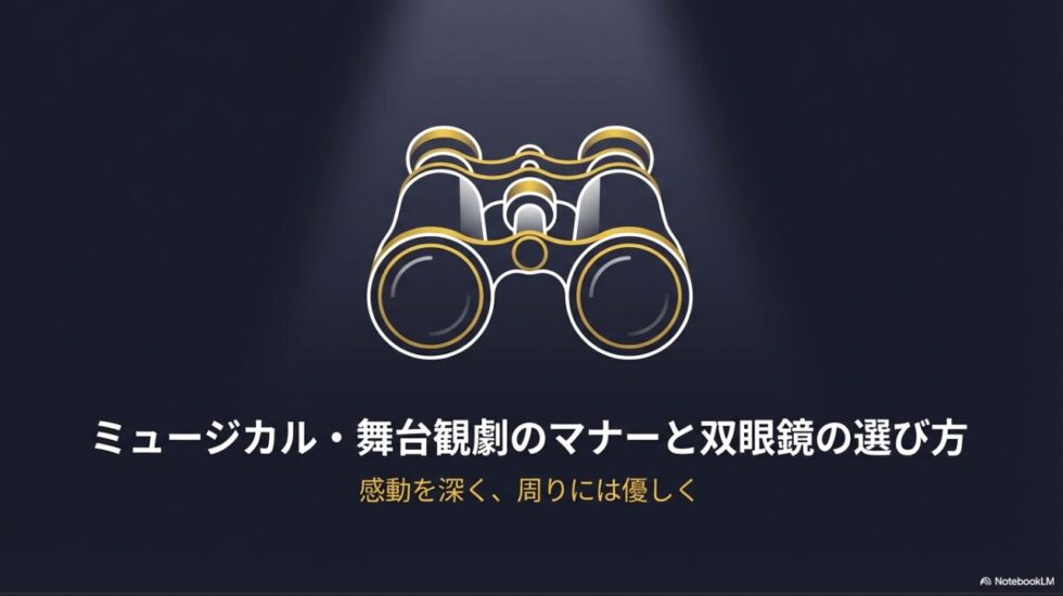 双眼鏡のイラストと「ミュージカル・舞台観劇のマナーと双眼鏡の選び方」というタイトルが書かれたスライド