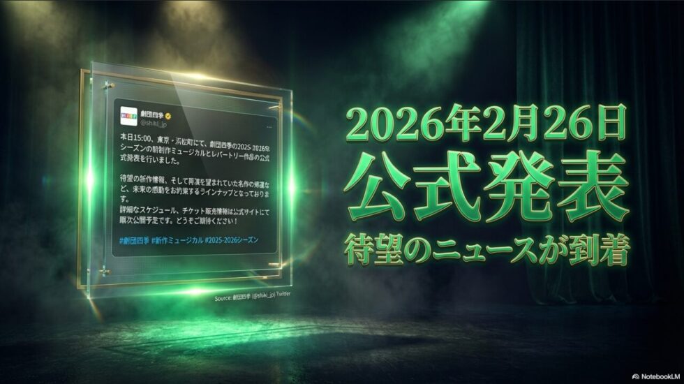 2026年2月26日に行われた劇団四季の2025-2026シーズンの公式発表を伝えるSNS投稿風スライド