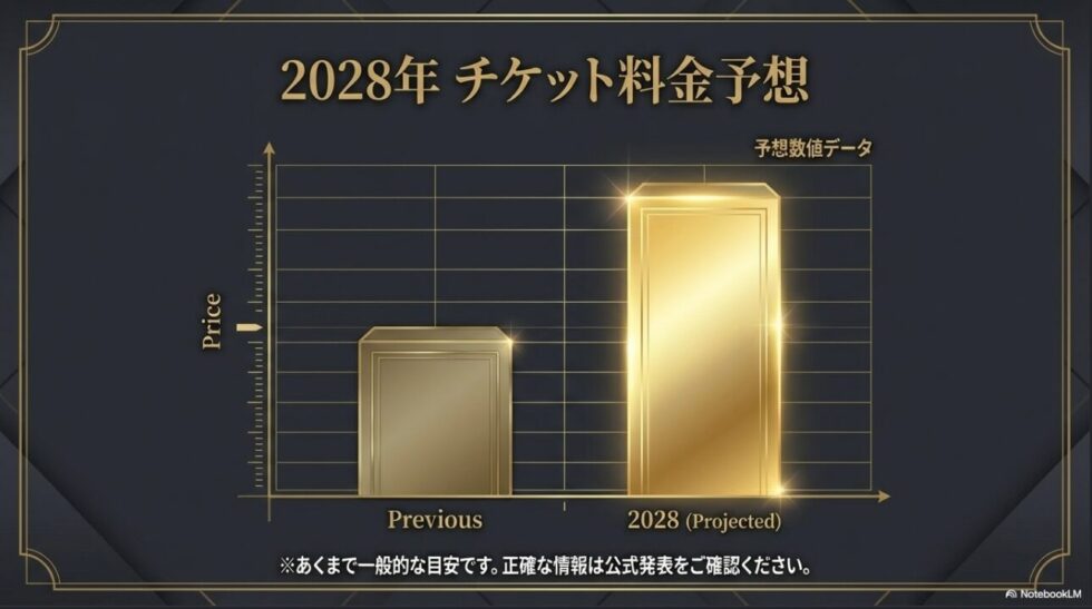 2028年のミュージカルアナスタシアのチケット料金が以前より上昇すると予測されるグラフデータ