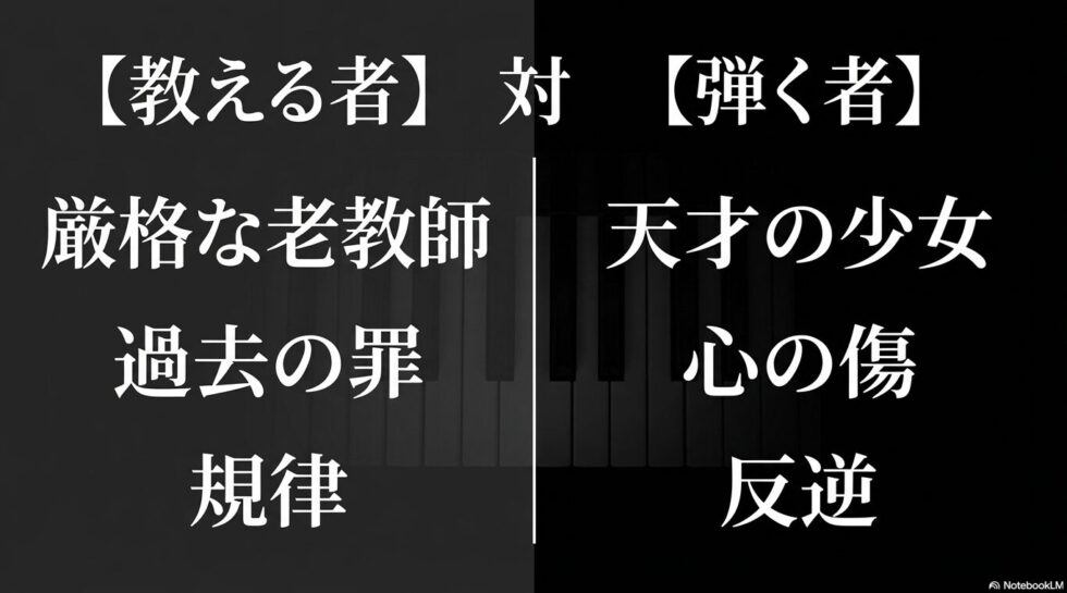 厳格な老教師と天才の少女の対比を示すキャラクター解説画像