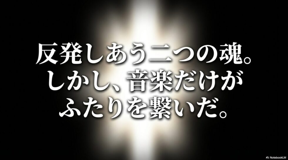 反発しあう二つの魂が音楽で繋がる様子を描いた画像