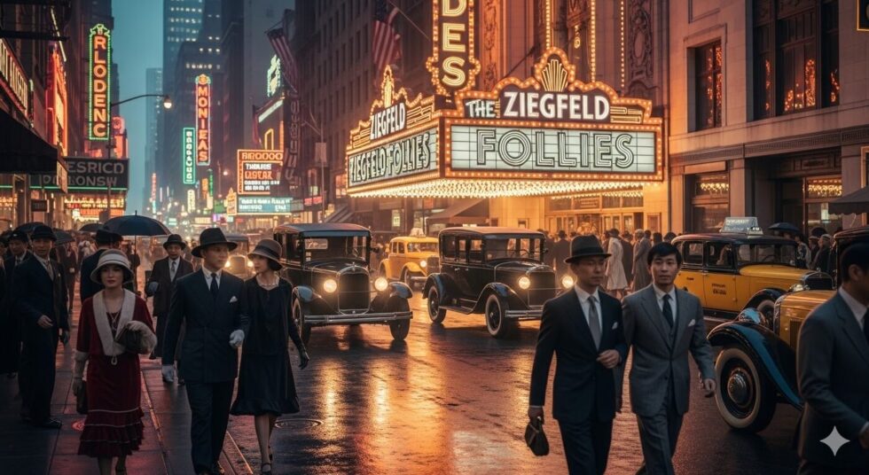 1920年代の賑やかなニューヨークの街並みと、電飾が輝くブロードウェイの劇場の入り口の風景。クラシックカーが走り、当時のファッションに身を包んだアジア人の人々が行き交う。