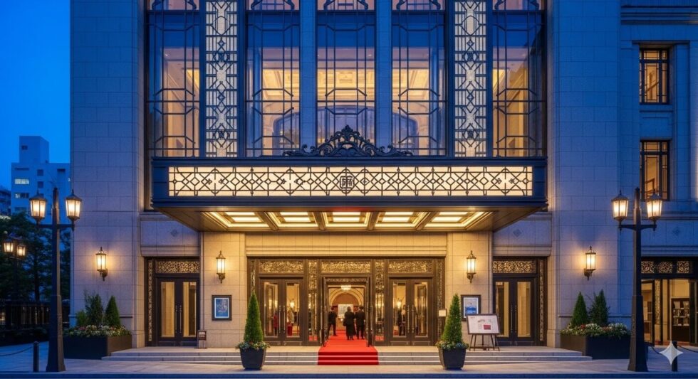 夕暮れ時にライトアップされた、日本のモダンで格調高い劇場の外観。