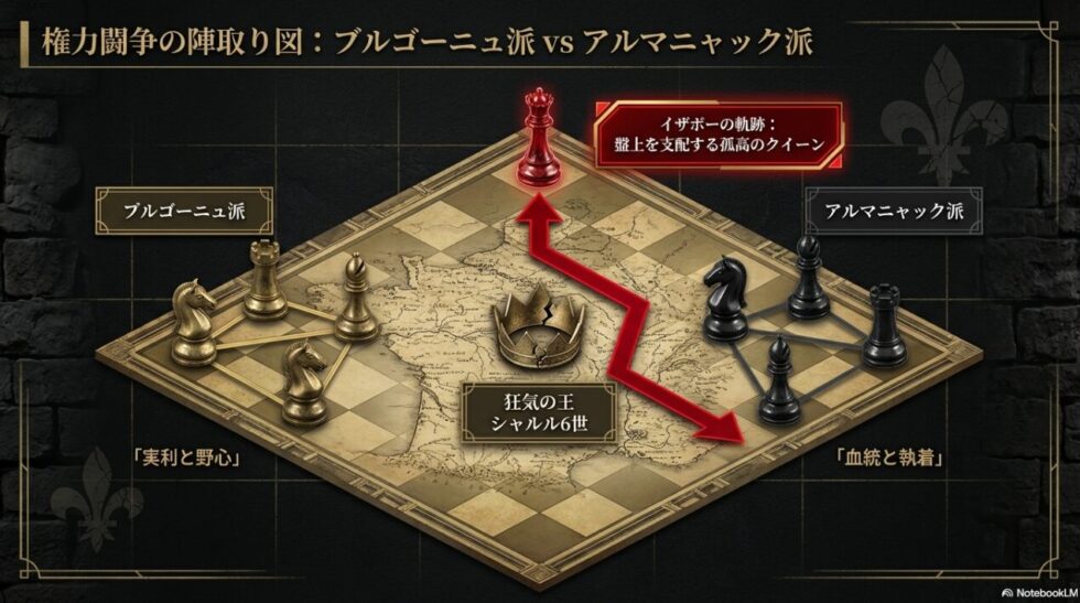 イザボーの軌跡と、ブルゴーニュ派・アルマニャック派の権力闘争を示すチェス盤の陣取り図