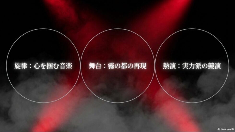 旋律(心を掴む音楽)、舞台(霧の都の再現)、熱演(実力派の競演)というミュージカル『ジャック・ザ・リッパー』の魅力をまとめたスライド。