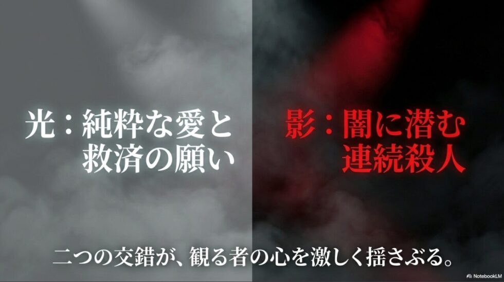 光(純粋な愛と救済の願い)と影(闇に潜む連続殺人)の二つの交錯が観る者の心を揺さぶることを表したスライド。