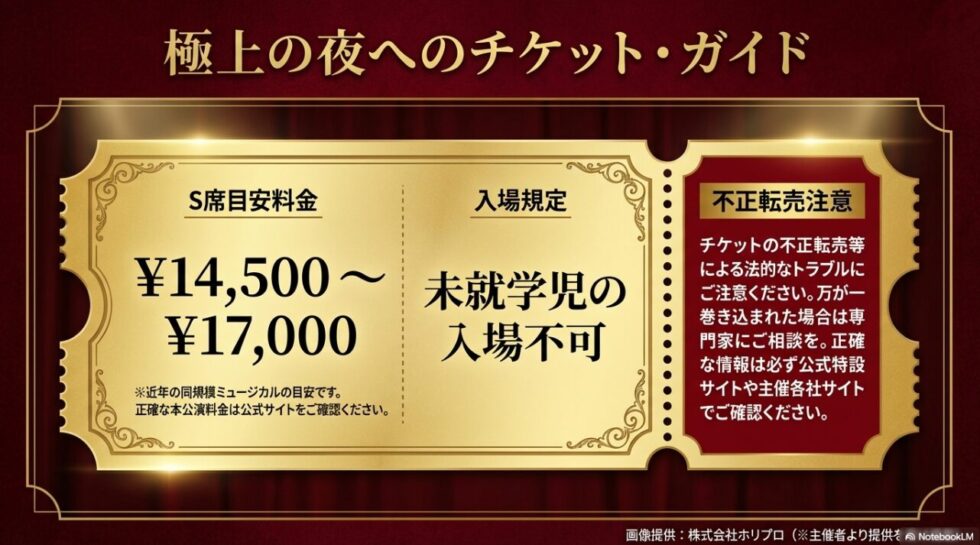 ラ・カージュ・オ・フォールへの極上の夜へのチケット・ガイド。S席目安料金14,500円〜17,000円、未就学児の入場不可、チケットの不正転売に関する注意喚起が記載されたスライド画像。