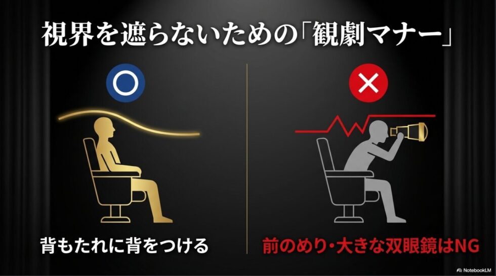 観劇のアドバイス。後方・2階席の必須アイテムとしてオペラグラス・双眼鏡を持参すること。視界を遮らないための観劇マナーとして、前のめりや大きな双眼鏡はNG。