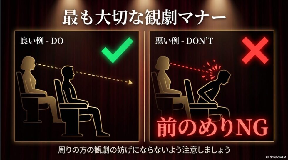 最も大切な観劇マナー。周りの方の観劇の妨げにならないよう、前のめりNG 。