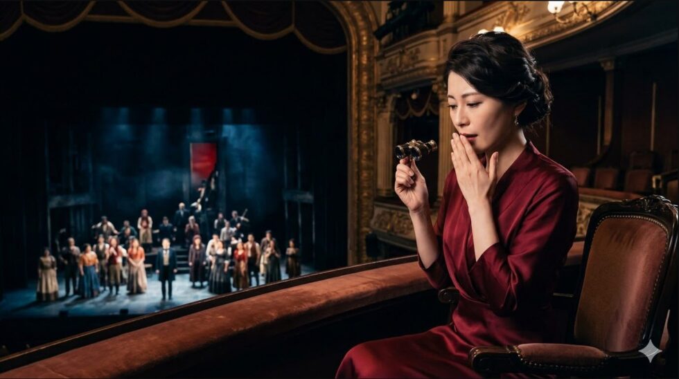 劇場のバルコニー席で、感動的な『レ・ミゼラブル』の舞台を見つめる日本人女性。