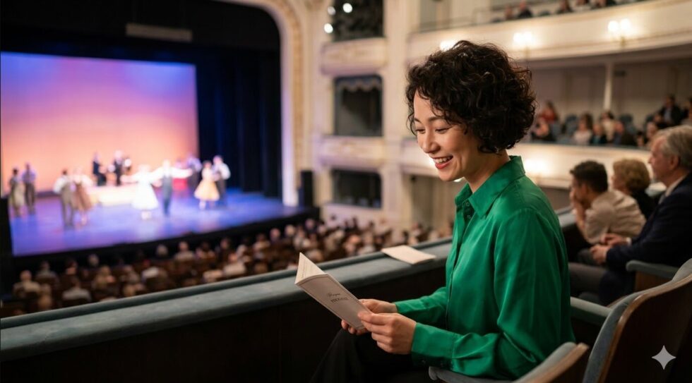劇場の上層階から、華やかなミュージカル公演『ミー&マイガール』のステージを見下ろす日本人女性。
