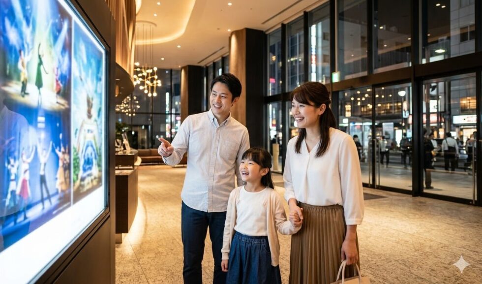 劇場のロビーで、楽しそうにこれからの公演ポスターを見つめる笑顔の日本人家族。