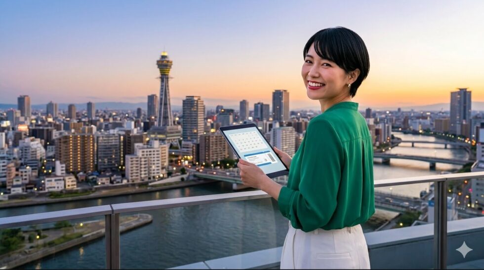 2027年の大阪ミュージカル観劇に向けて、スケジュールとチケットを確認し、期待に胸を膨らませる日本人女性。