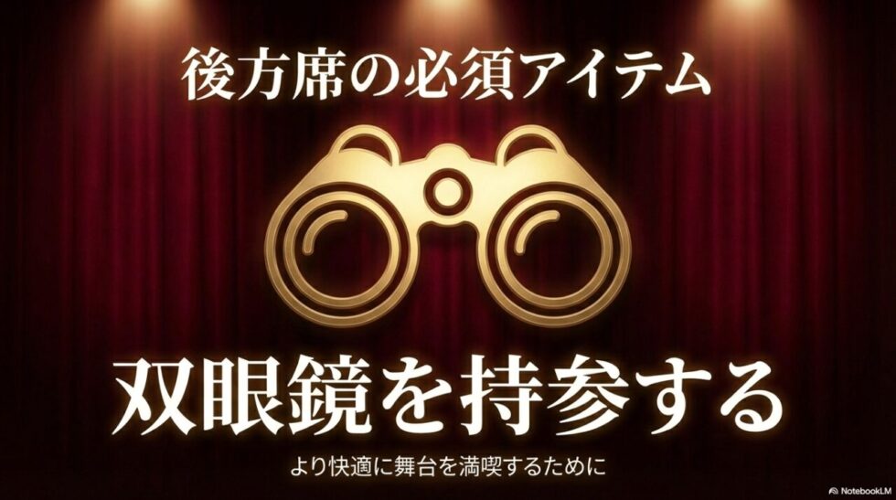 ミュージカル劇場の後方席でより快適に舞台を満喫するための必須アイテム、双眼鏡を持参する 。