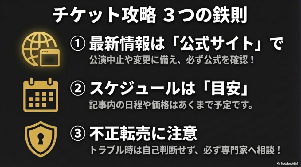ミュージカルチケット攻略3つの鉄則。公式サイトの確認、スケジュールは目安、不正転売に注意