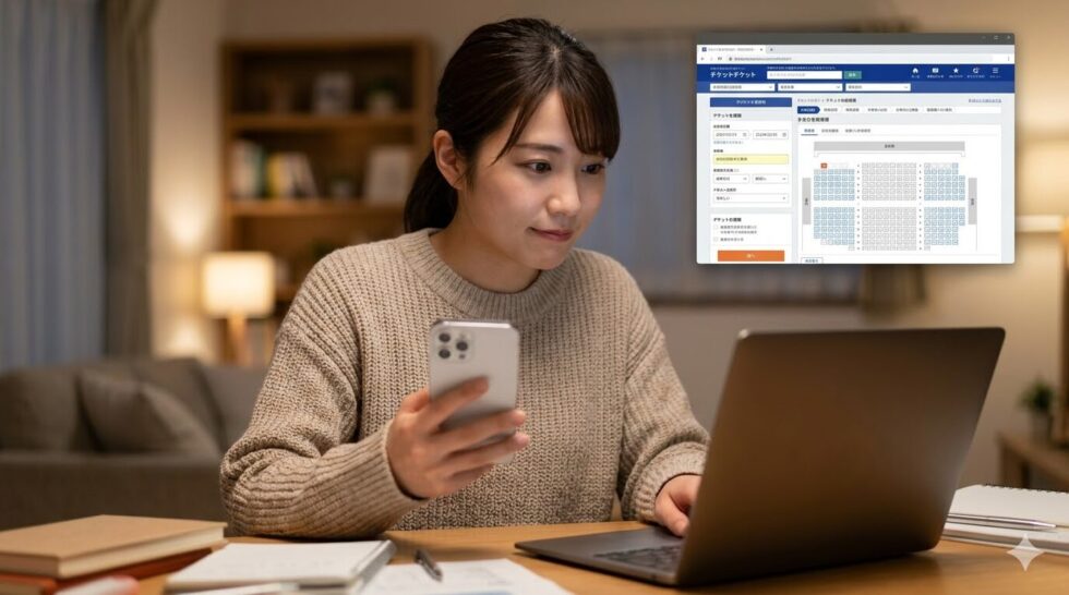 自宅のリビングで、スマートフォンとパソコンを使い、真剣な表情でミュージカルのチケット抽選に応募する日本人女性。画面には、イープラスの申し込みページが表示されている。