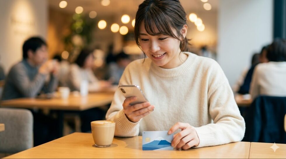 カフェで、笑顔でスマートフォンを操作する日本人女性。手元には、JCBロゴの入ったセゾンカードインターナショナルが置かれている。年会費無料で手軽に利用できる安心感をイメージ。