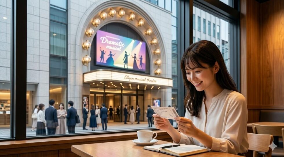 劇場に隣接するカフェで、手に入れたミュージカルのチケットを嬉しそうに眺める日本人女性。窓の外には劇場の入り口が見え、期待に胸を膨らませている様子。セゾンカードを活用して夢の舞台へ近づいた喜びを表現。