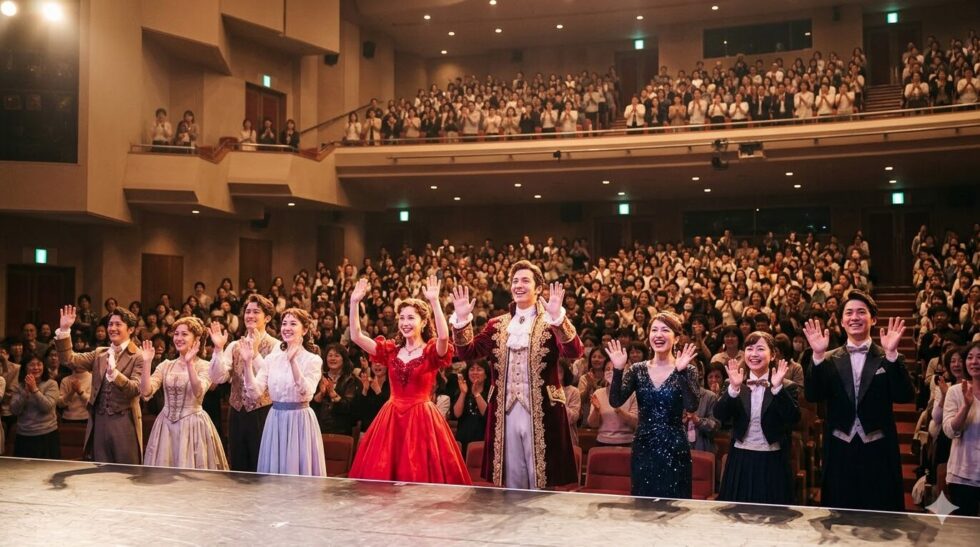 ミュージカル公演終了後、華やかな衣装を着た出演者がステージに並び、観客席に向かって笑顔で手を振る特別な舞台挨拶(アフタートーク)の様子。劇場の暖かな雰囲気と観客の喜びが伝わる。