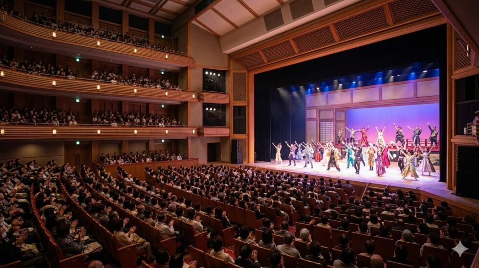 煌びやかな照明に照らされた、満員の観客で埋め尽くされた大劇場のステージ。豪華な衣装を纏った俳優たちが躍動するミュージカルの公演風景。劇場の熱気と感動が伝わる一枚。