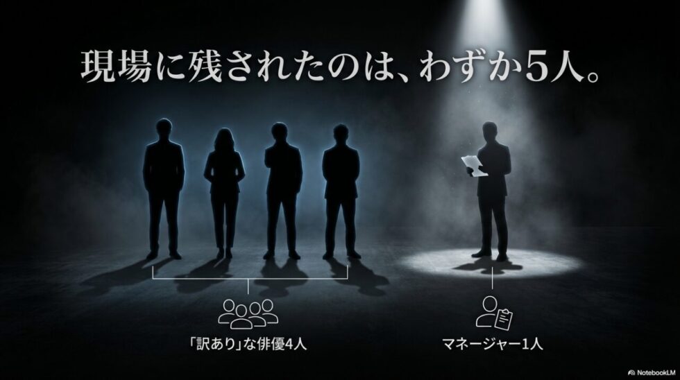 現場に残されたのは「訳あり」な俳優4人とマネージャー1人のわずか5人