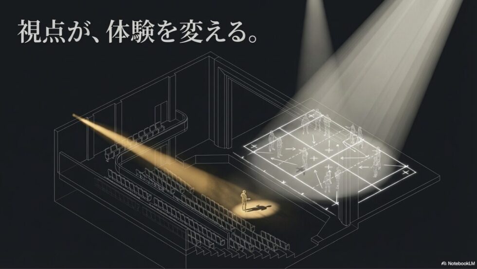 視点が、体験を変える。舞台照明と役者の立ち位置の俯瞰イメージ図