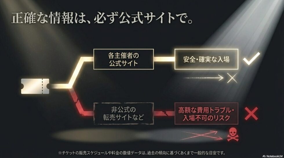 正確な情報は、必ず公式サイトで。非公式の転売サイトなどは高額な費用トラブル・入場不可のリスクがあります