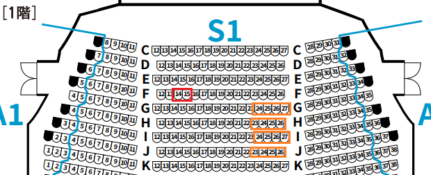 劇団四季の「前日予約」で予約できる座席位置の例をしめしたシートマップ。