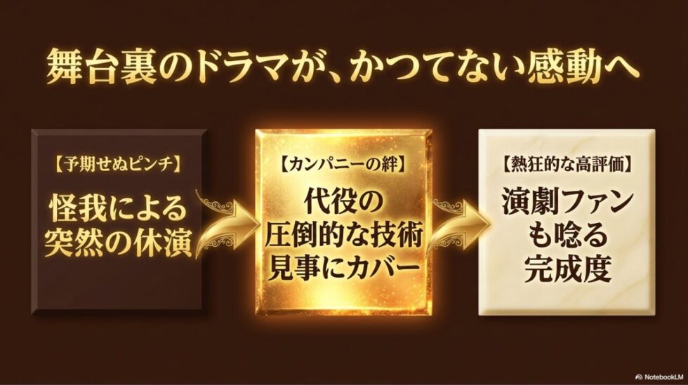 舞台裏のドラマとして、怪我による突然の休演という予期せぬピンチを代役の圧倒的な技術で見事にカバーし、演劇ファンも唸る完成度となったカンパニーの絆と熱狂的な高評価