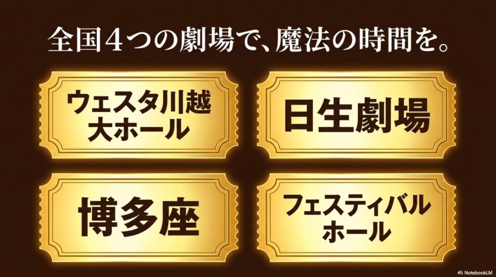 全国4つの劇場で魔法の時間を過ごせる、ウェスタ川越の大ホール、博多座、日生劇場、フェスティバルホールの案内