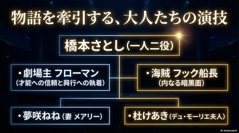 橋本さとし、夢咲ねね、杜けあきなど、ミュージカル『ファインディング・ネバーランド』の脇を固める実力派大人キャストの役柄を紹介したスライド。