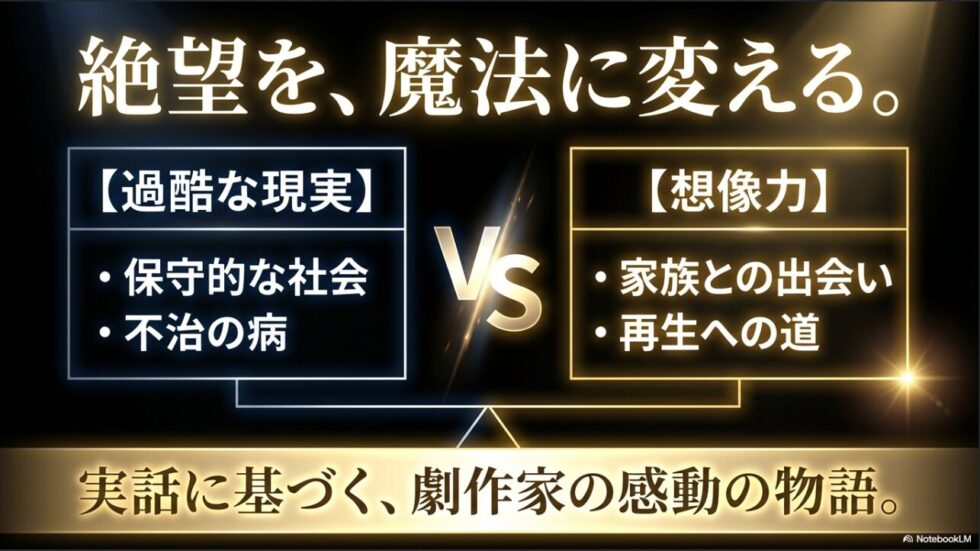 過酷な現実と想像力の対比で描かれる、ミュージカル『ファインディング・ネバーランド』の物語のテーマを解説した図解スライド。
