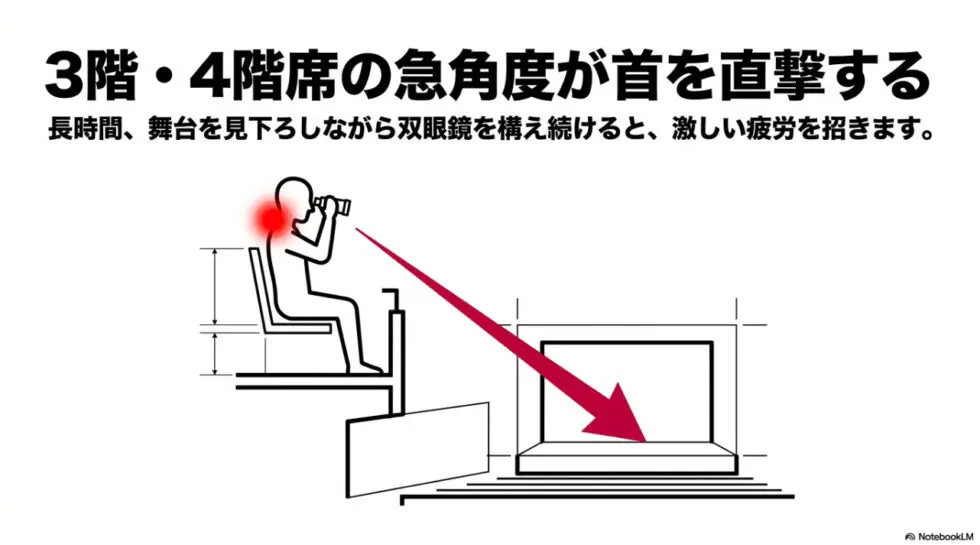 hitaruの3階・4階席から舞台を見下ろす際の急角度と首の疲労を図解したイラスト