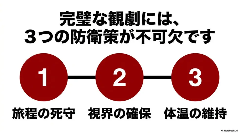 完璧な観劇に不可欠な3つの防衛策：旅程の死守、視界の確保、体温の維持