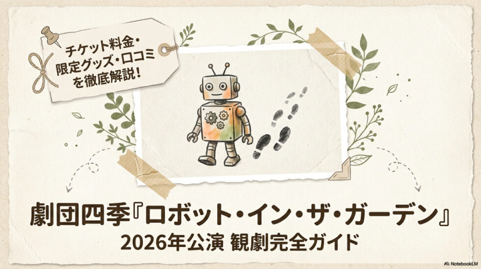 劇団四季『ロボット・イン・ザ・ガーデン』2026年公演の観劇完全ガイド。チケット料金や限定グッズ、口コミを解説するタイトル画像とタングのイラスト。
