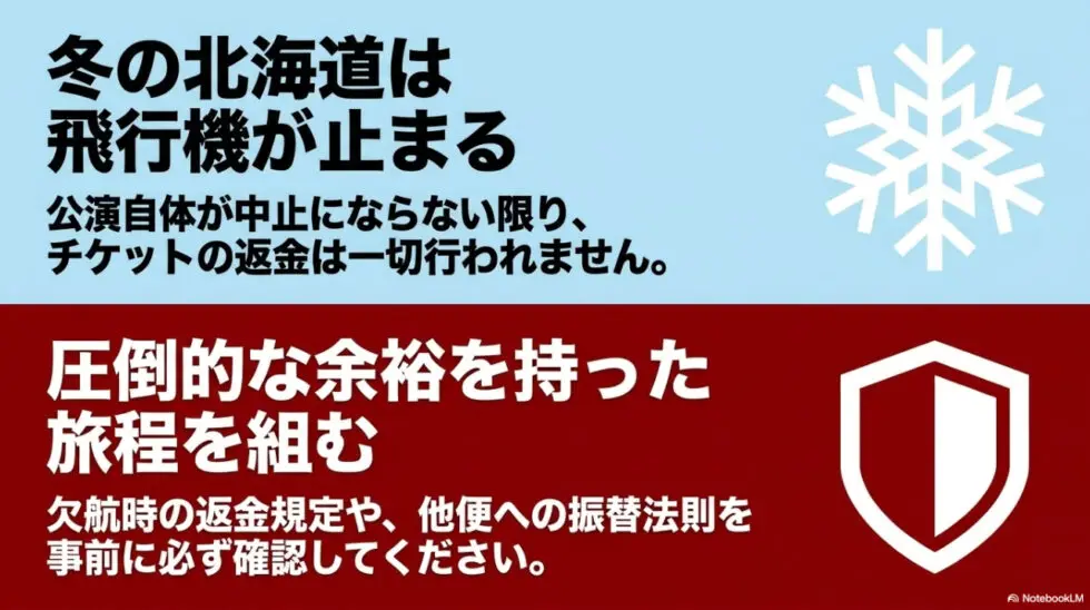 冬の北海道の飛行機欠航リスクと余裕のある日程調整の重要性についての解説スライド