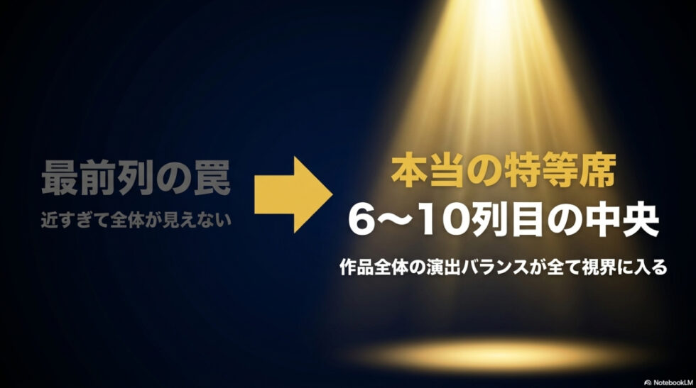 最前列より全体が見える6列目から10列目の中央ブロックが本当の特等席であることを解説するスライド
