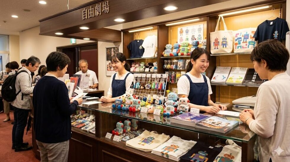 劇団四季『ロボット・イン・ザ・ガーデン』の公演グッズが並ぶ、お洒落な劇場の物販コーナー。可愛らしいロボットのTシャツやキーホルダーが並ぶ。