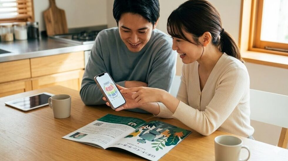 スマートフォンで座席表を見ながら、劇団四季『ロボット・イン・ザ・ガーデン』の観劇計画を立てる日本のカップル。