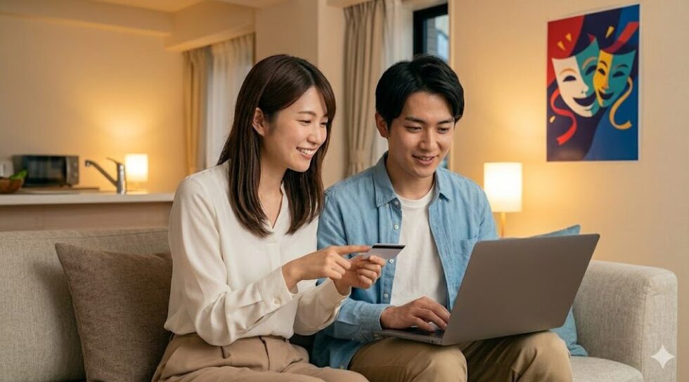 自宅のリビングでノートパソコンを使い、劇団四季idの無料登録とチケット予約を行う仲睦まじい日本人のカップル。