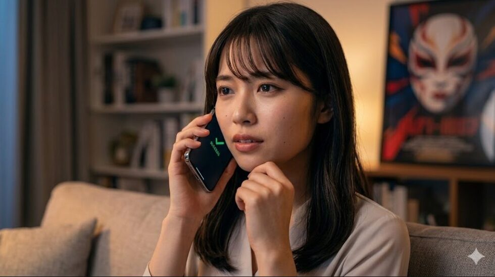 劇団四季の前日予約に成功した日本人の女性。スマートフォンを耳に当て、リラックスした表情でソファに座っている。