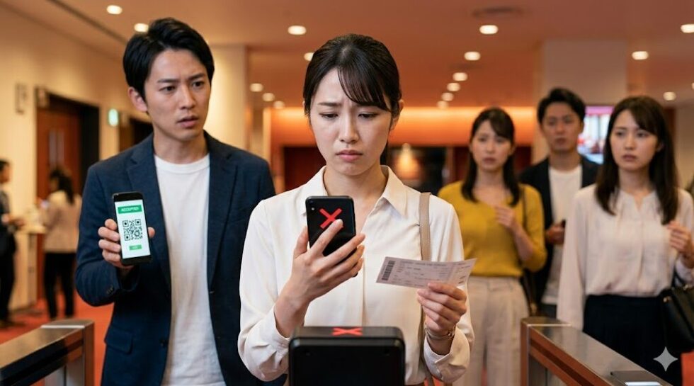 非公式な転売サイトで購入したチケットが劇場の入口でエラーになり、入場不可となった日本人の若い女性の落胆した様子。