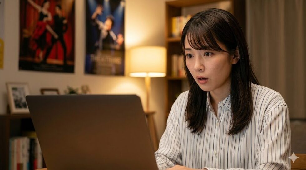 劇団四季の公式予約システムで、専用掲示板ではなく、通常の空席カレンダーからリセールチケットを探す日本人女性。