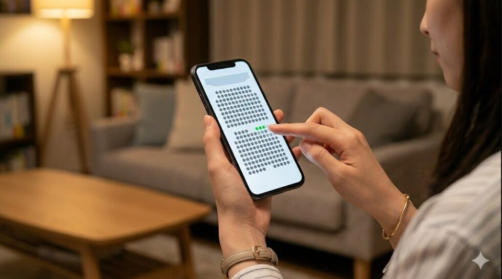 劇団四季の公式予約システムで、リセールチケットが座席表に空席としてリアルタイムに反映された瞬間。スマートフォンの画面を操作する日本人女性の手元。