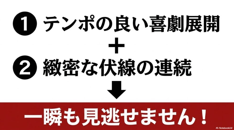 テンポの良い喜劇展開と緻密な伏線の連続で一瞬も見逃せない