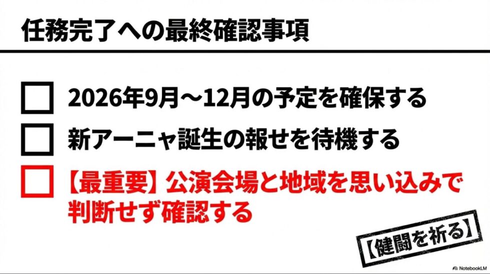 任務完了への最終確認事項。2026年9月〜12月の予定確保、新アーニャ誕生の待機、公演会場と地域の確認。健闘を祈る
