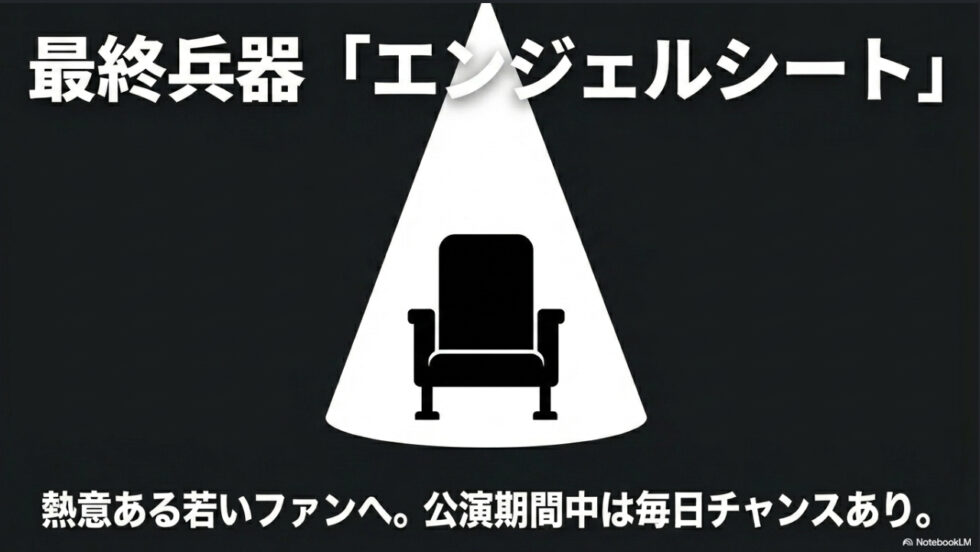 スポットライトを浴びた座席のイラストと、最終兵器エンジェルシートの文字。熱意ある若いファンへ公演期間中は毎日チャンスがあることが書かれている