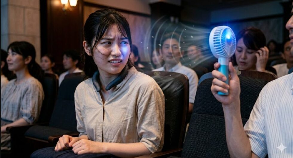 暗い劇場の座席で、ハンディファンの風を浴びて眉をひそめる女性。隣の人が持っているファンは青く光り、彼女に向かって風を送っている。背景には他の観客がいる。