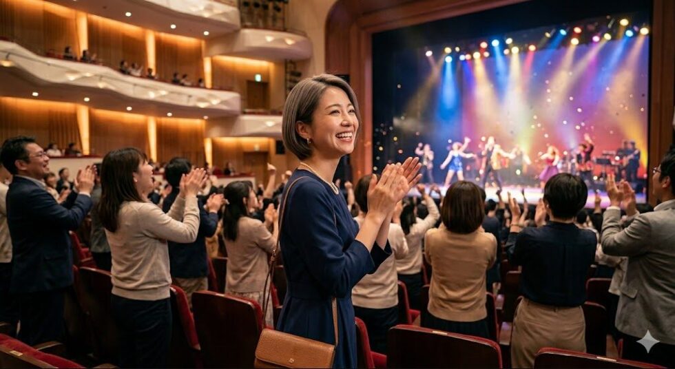 華やかなステージからのエネルギッシュな光景と、客席の雰囲気にあわせて笑顔で手拍子を送るボブヘアの日本人女性。